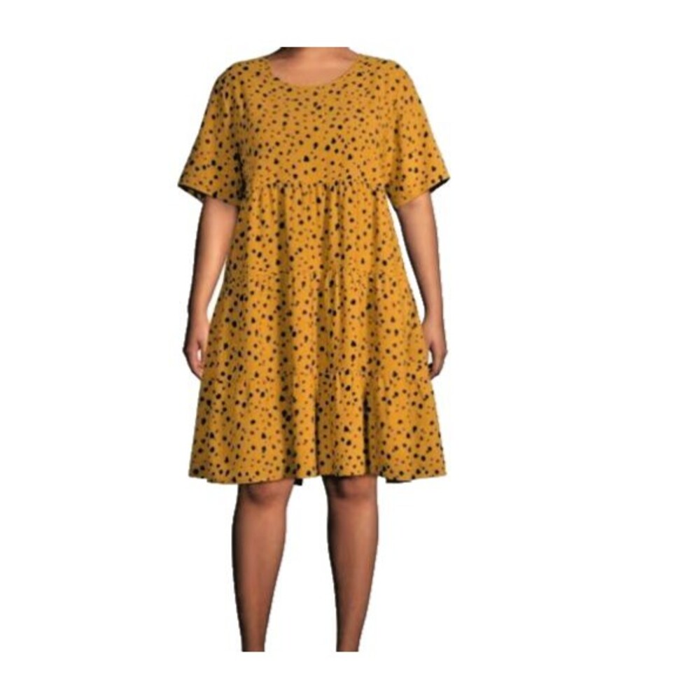 Como Blu A-Line Dress Women's Size 4X Yellow Black Dotted Tiered Short Sleeve